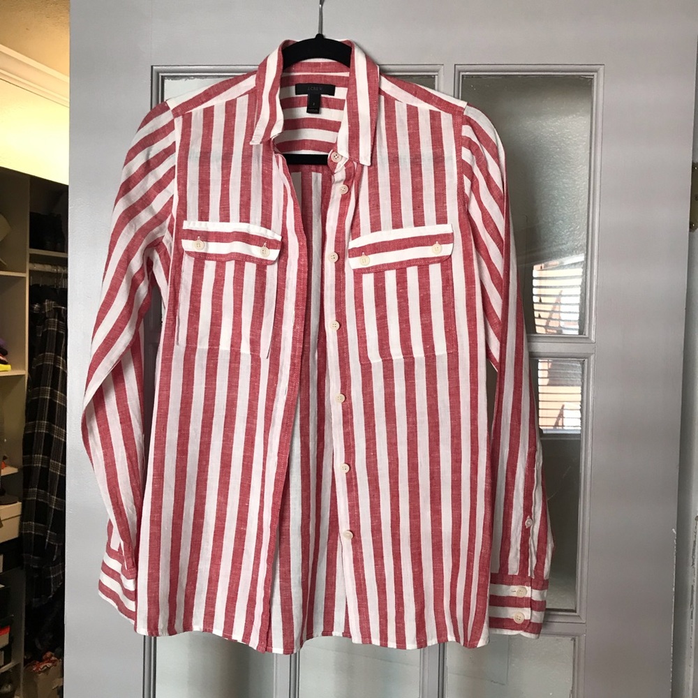 Red and white striped, J Crew, linen shirt.
